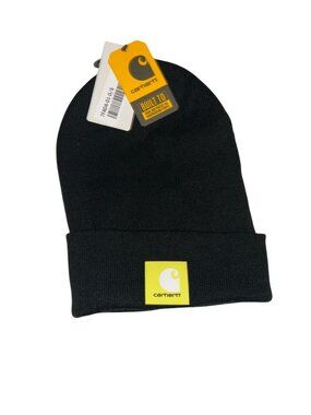 NWT Carhartt Black Acrylic Knit Beanie With Gummy Yellow Logo Patch  MSRP $30